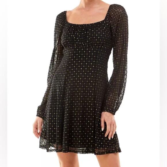 AS U WISH Juniors' Emma Mesh Fit & Flare Dress Black/Gold Sz L - Picture 1 of 9